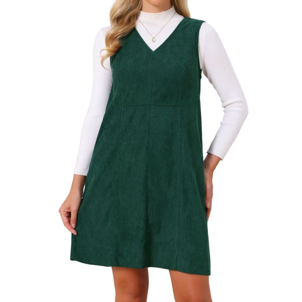 Womens Corduroy Overall Dress Sleeveless A Line Pinafore Short Dress Dark Green